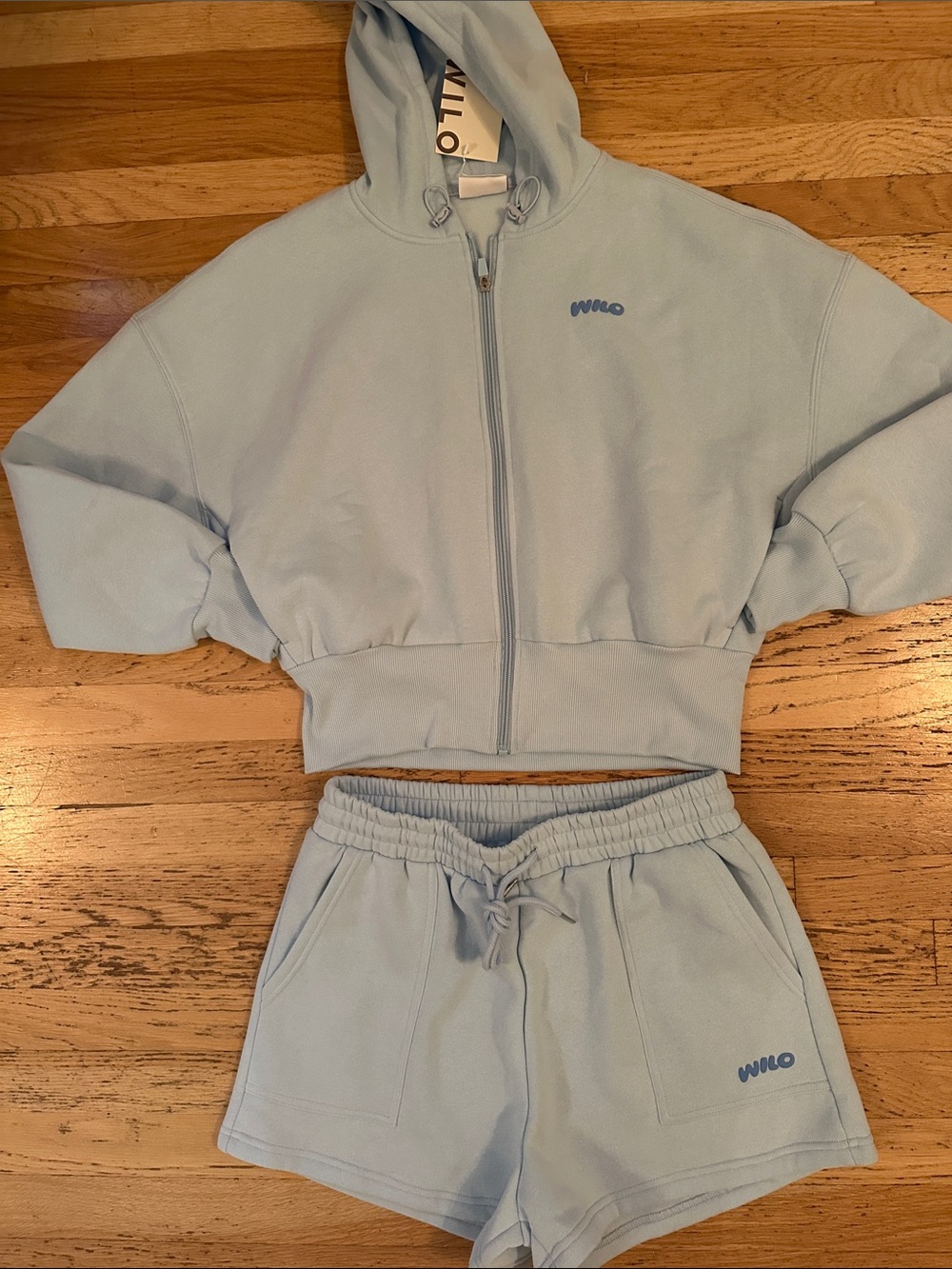 WILO Light Blue Cozy Fleece Zip Hoodie & Drawstring Shorts Set- NWT! Size M